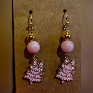 Pink and Gold Christmas Tree Earrings